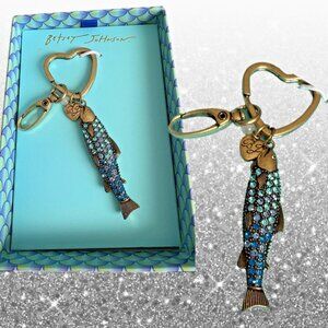 Betsey Johnson Blue Crystal Sardine Fish Antique Gold-Tone Key Fob Handbag Charm
